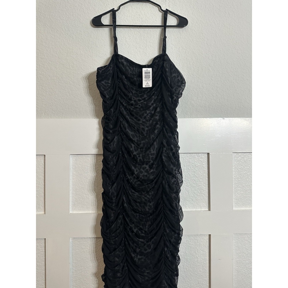 Torrid Size 2xL Midi Mesh Shirred Leopard Bodycon Dress Black Ruched Adjust